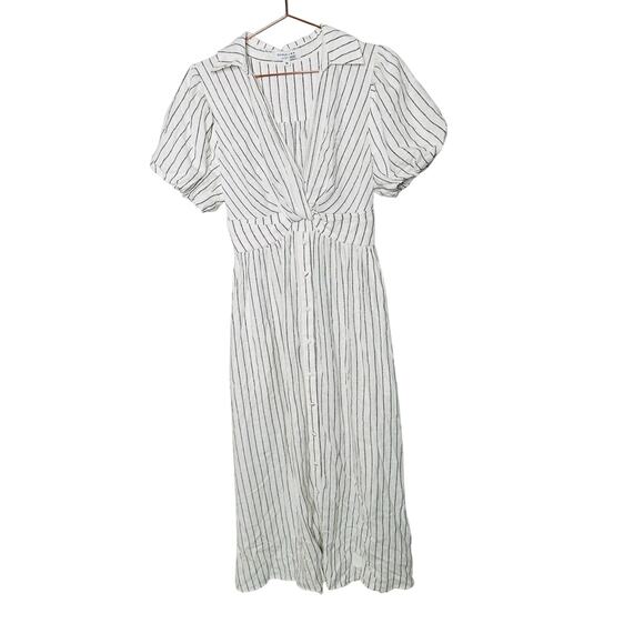 DEREK LAM 10 CROSBY x RTR White Stripe Linen Collar Knot Waist Shirt Dress 38 - Picture 5 of 15